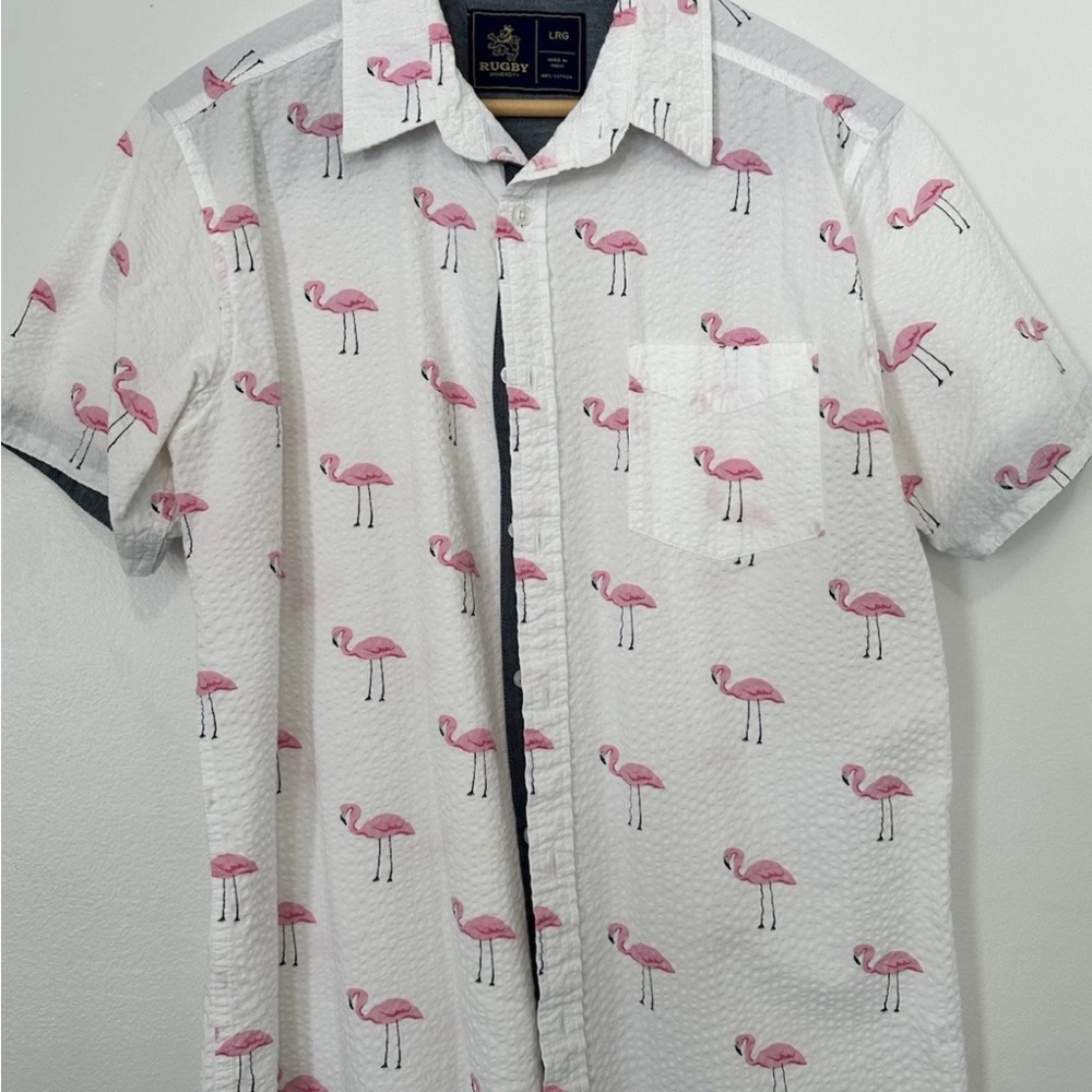 Lrg Men's White Short-Sleeve Button-Down Shirt with Pink Flamingo Print